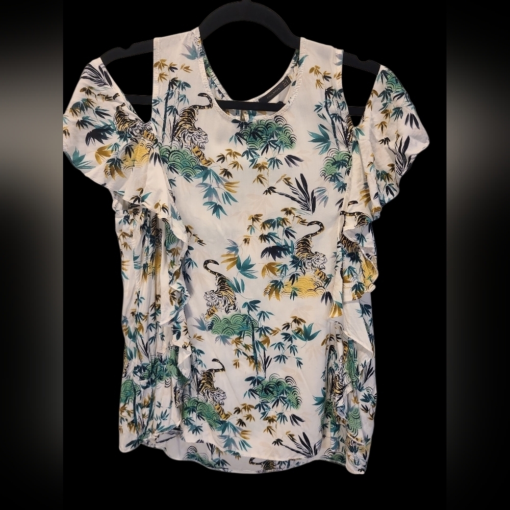 Paul Mark Tiger Print Cold Shoulder 100% Cotton Top Size Small